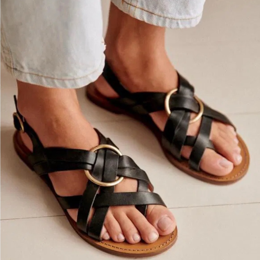 Sézane Olympe Low Leather Sandals, Smooth Black Heritage, Size 41